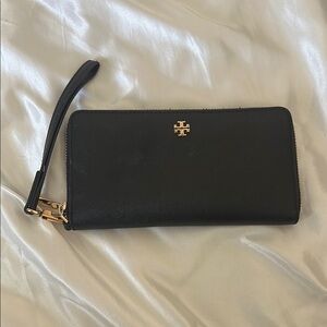 Tory Burch Black Zip Wallet with Gold Emblem